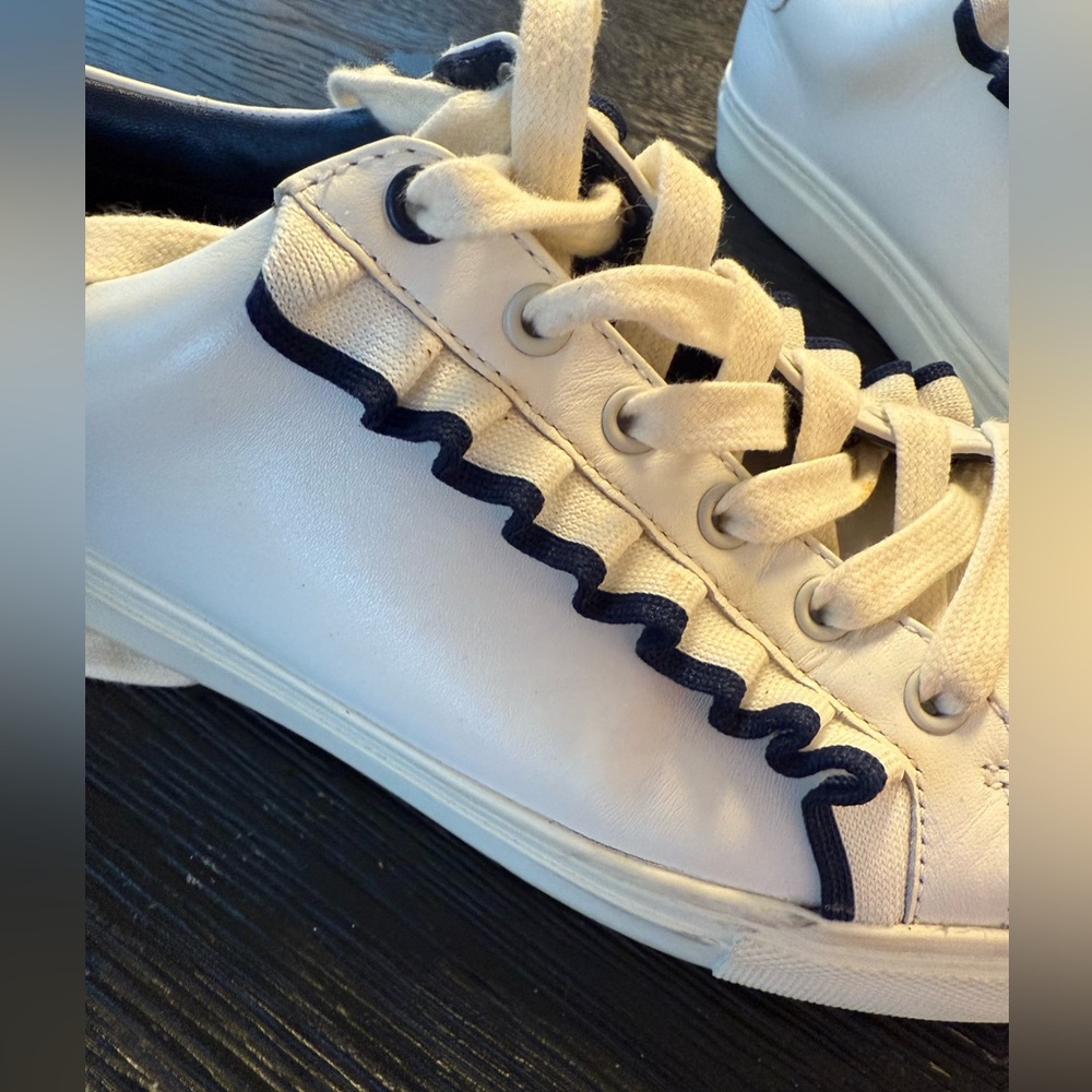 Tory Burch White and Navy Ruffle Trim Sneakers - Picture 6 of 10